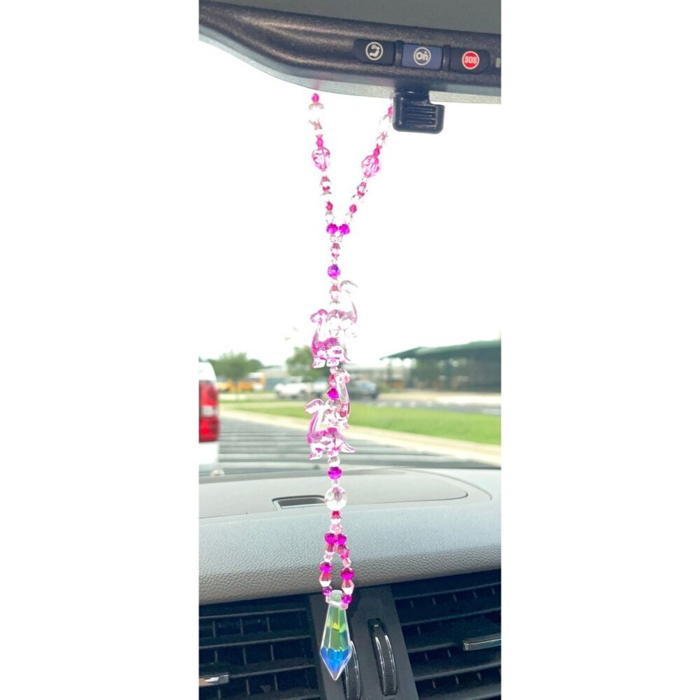 Dinosaur Beaded Suncatcher Rearview Mirror Ornament Pink Crystal Prism Car Charm - Picture 7 of 10